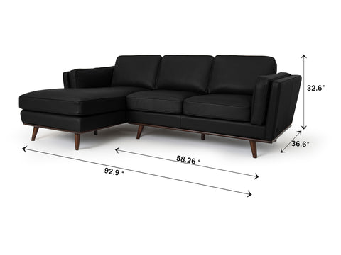 Selina Midcentury Black Leather Sectional Sofa with dimensions and sleek design, ideal for modern living spaces.