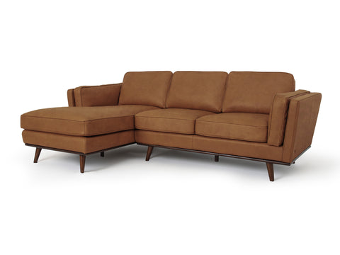 Selina Midcentury Tan Leather Sectional Sofa with elegant design and rich top-grain leather for stylish modern living spaces.