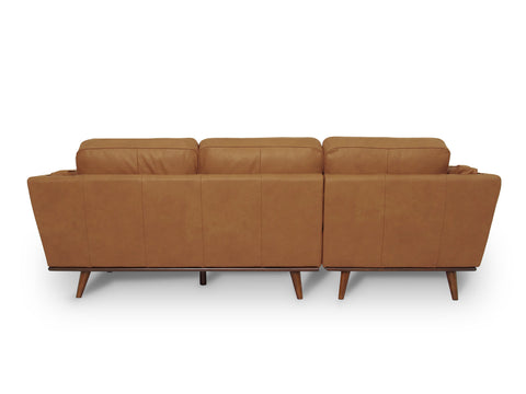 Back view of Selina Midcentury Tan Leather Sectional Sofa showcasing clean lines and mid-century design.