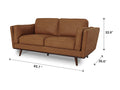 Selina Midcentury Tan Leather Loveseat Sofa with dimensions 65.7" W x 32.6" H x 36.6" D