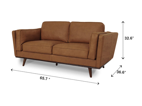 Selina Midcentury Tan Leather Loveseat Sofa with dimensions 65.7" W x 32.6" H x 36.6" D