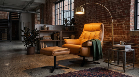 Nero Cognac Leather Reclining Swivel Chair with Ottoman