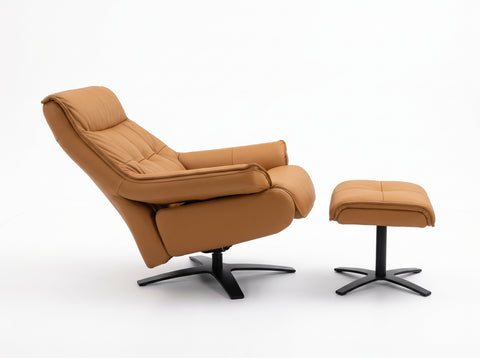 Nero Cognac Leather Reclining Swivel Chair with Ottoman