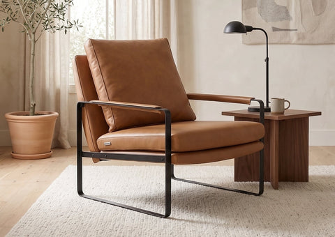 Luna Modern Cognac Leather Accent Chair with Black Metal Frame
