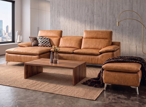 Milano Tan Leather Sectional Sofa - left Chaise with Ottoman