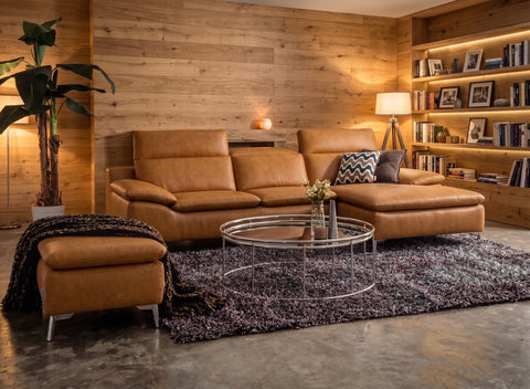 Milano Tan Leather Sectional Sofa - Right Chaise with Ottoman