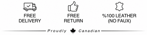 A promotional graphic with three black line icons and text on a white background: a delivery truck labeled FREE DELIVERY, a thumbs-up icon labeled FREE RETURN, and a leather patch icon labeled %100 LEATHER (NO FAUX), with 'Proudly Canadian' centered below.