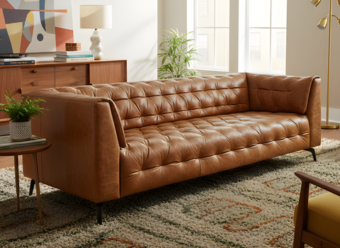 Living room with a brown leather sofa, wooden sideboard, and decorative items.