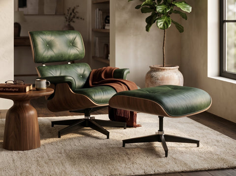 Meseo Royal Green Leather Lounge Chair and Ottoman