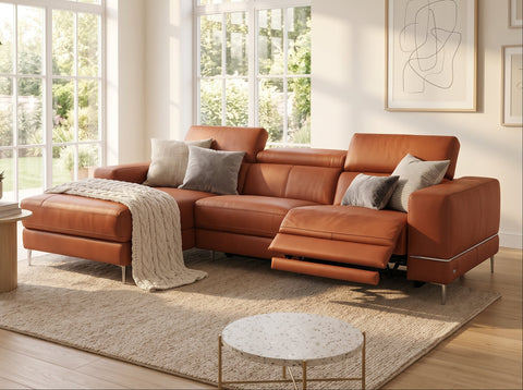Modena Mahogany Brown Leather Motorized Sectional Sofa - Left Chaise