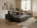 Modena Grey Leather Double Chaise Lounger in modern living room, showcasing luxury and comfort