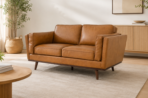 Selina Midcentury Tan Leather Loveseat Sofa