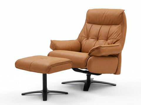 Nero Cognac Leather Reclining Swivel Chair with Ottoman