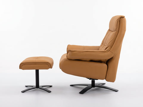 Nero Cognac Leather Reclining Swivel Chair with Ottoman