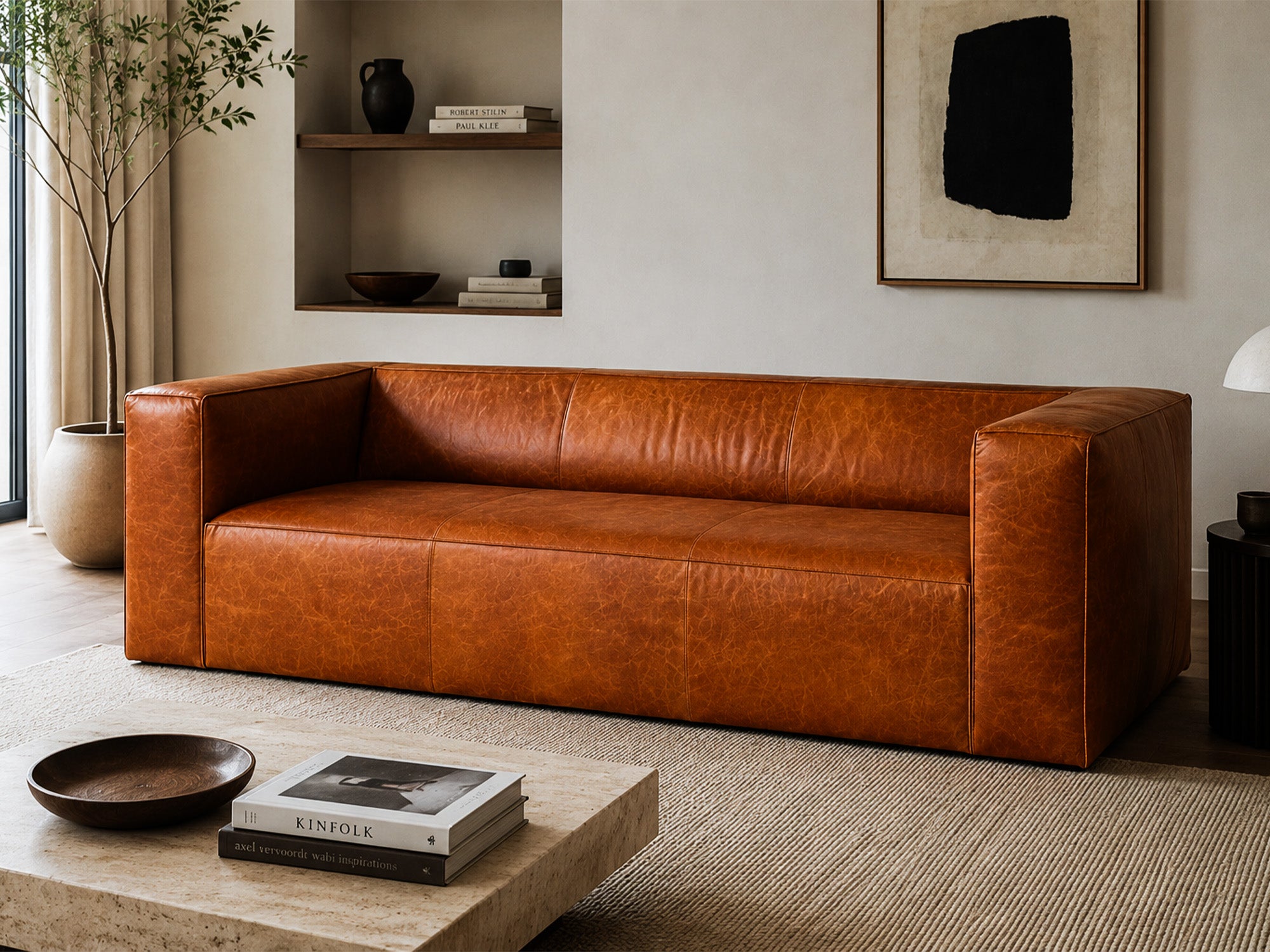 Torino Cubic Cognac Distressed Leather 3 Seater Sofa – Luxana Home
