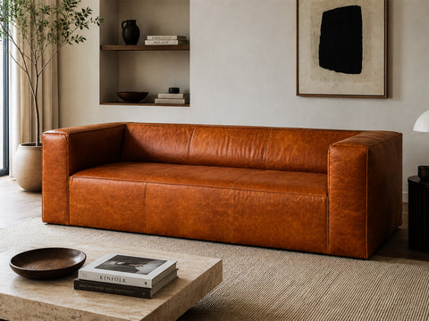 Torino Cubic Cognac Distressed Leather 3 Seater Sofa