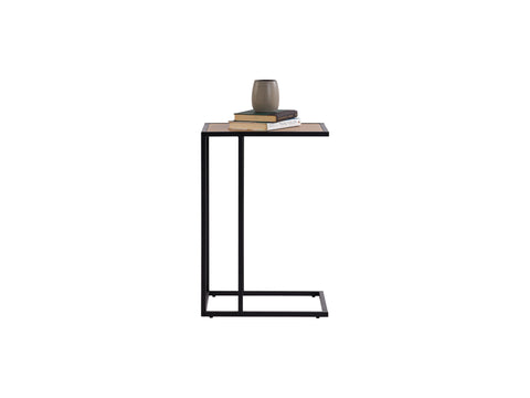 Amico Minimalist C-Shaped Laptop Table with black metal frame and wood-look top, ideal for modern homes as versatile accent furniture.