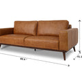 Amore Cognac Distressed Leather 3 seater sofa with teak oak legs and plush cushions, showcasing dimensions and elegant design.