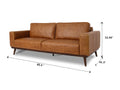 Amore Cognac Distressed Leather 3 seater sofa with teak oak legs and plush cushions, showcasing dimensions and elegant design.