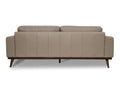 Back view of Amore Midcentury Grey Leather 3 seater sofa with teak legs and premium upholstery.