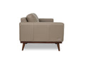 Side view of Amore Midcentury Grey Leather 3 seater sofa with teak legs and premium matte finish leather upholstery.
