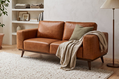 A warm, modern living room featuring a brown leather sofa, a woven wood and cane armchair, a large white textured area rug, and a tall floor lamp, set against cream plaster walls and a skylight.