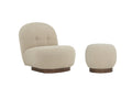 Bianca Beige Boucle accent chair with ottoman, soft teddy fabric, Malaysian Oak base, cozy elegant design.