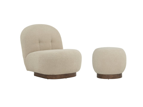 Bianca Beige Boucle accent chair with ottoman, soft teddy fabric, Malaysian Oak base, cozy elegant design.