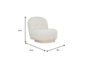 Bianca Boucle accent chair with ottoman in soft teddy fabric and Malaysian Oak base, showcasing dimensions 29.5" H x 34.8" W x 28.1" D.