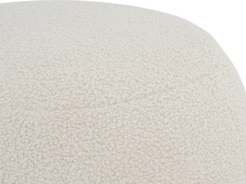 Close-up of a Bianca White Boucle Pouf, showcasing its plush textured teddy fabric for a contemporary and cozy home accent.