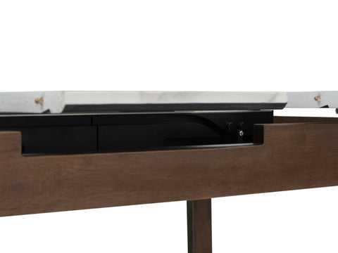 Caldo Extendable dining table showing the extension mechanism and marble-look laminate top.