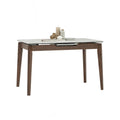Caldo Extendable dining table with white marble-look top and cocoa-colored oak legs, featuring a built-in extension.