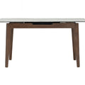 Caldo Extendable dining table with white marble-look top and cocoa oak legs, designed for modern dining elegance.