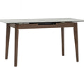 Caldo Extendable dining table with white marble-look top and cocoa-colored oak legs, featuring a built-in extension.