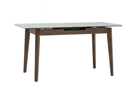 Caldo Extendable dining table with white marble-look top and cocoa-colored oak legs, featuring a built-in extension.