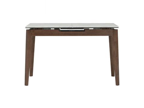 Caldo Extendable dining table with a white marble-look top and cocoa-colored oak legs