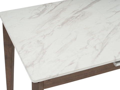 Caldo Extendable dining table with white marble-look high-pressure laminate top and cocoa-colored oak legs.