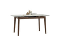 Caldo Extendable dining table with white marble-look top and cocoa-colored oak legs, perfect for modern dining spaces.