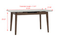 Caldo Extendable dining table with white marble-look top and cocoa-colored oak legs, showing extension feature.