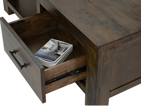 Open drawer of Caro Rustic Coffee Table - Dark Solid Wood showcasing its storage space and craftsmanship.