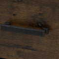 Close-up of handle on Caro Rustic Coffee Table - Dark Solid Wood, highlighting the rich grain and texture of the solid wood surface.