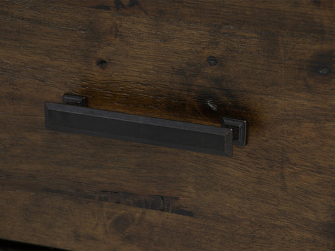 Close-up of handle on Caro Rustic Coffee Table - Dark Solid Wood, highlighting the rich grain and texture of the solid wood surface.