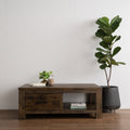 Caro Rustic Coffee Table - Dark Solid Wood with plant decor on wooden floor background