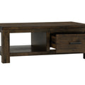 Caro Rustic Coffee Table - Dark Solid Wood with open drawer showing detailed grain textures, from premium solid wood collection.