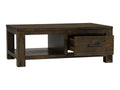 Caro Rustic Coffee Table - Dark Solid Wood with open drawer showing detailed grain textures, from premium solid wood collection.