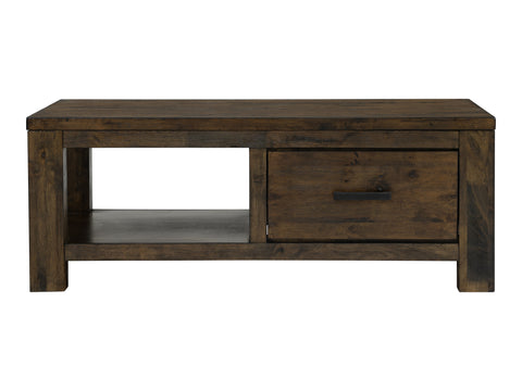Caro Rustic Coffee Table - Dark Solid Wood with drawer and shelf showcasing natural grain