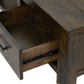 Open drawer detail of Caro Rustic Coffee Table - Dark Solid Wood with rich dark finish showcasing natural wood grain patterns.