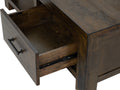 Open drawer detail of Caro Rustic Coffee Table - Dark Solid Wood with rich dark finish showcasing natural wood grain patterns.