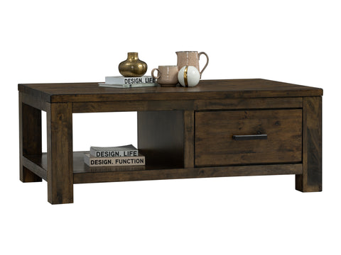 Caro Rustic Coffee Table - Dark Solid Wood with decorative items on top and open shelf display.