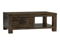 Caro Rustic Coffee Table - Dark Solid Wood with rich grain patterns and storage drawer
